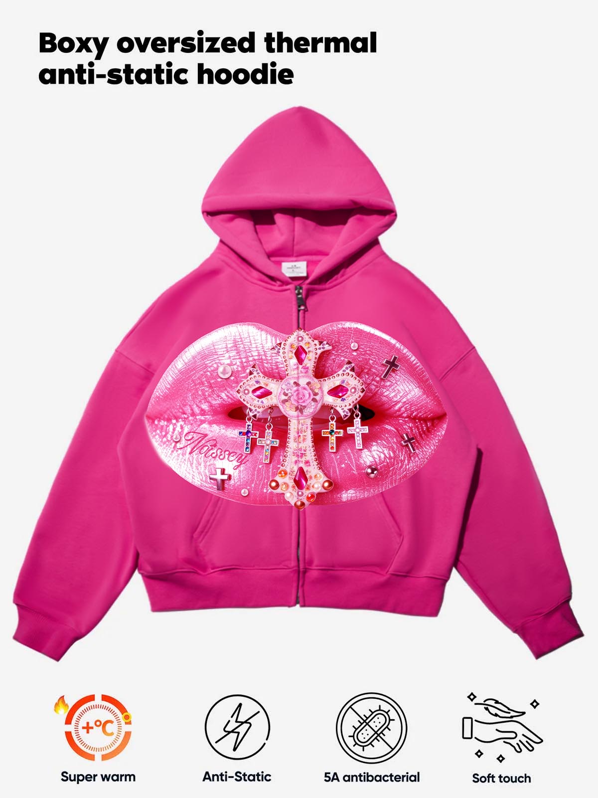 Romantic Pink Cross Lips Print Hoodie