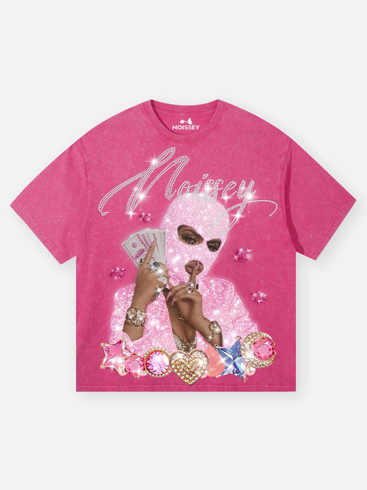 Balaclava Girl Holding Money & Power Print T-shirt