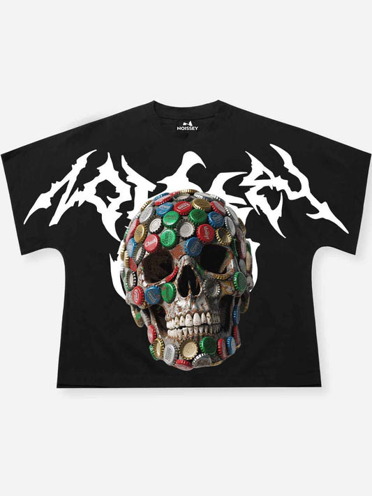 Oversized Batwing T-shirt Wild Bottle Cap Skull Collage Print