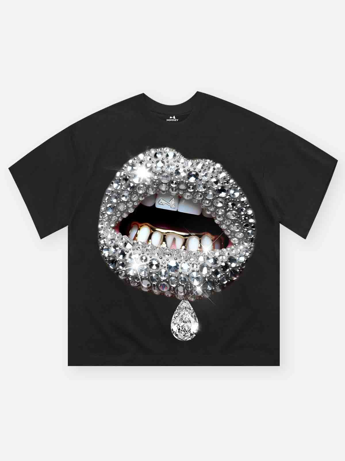 High Quality Premium Grey Diamond Lip Black Print heavyweight T-shirt