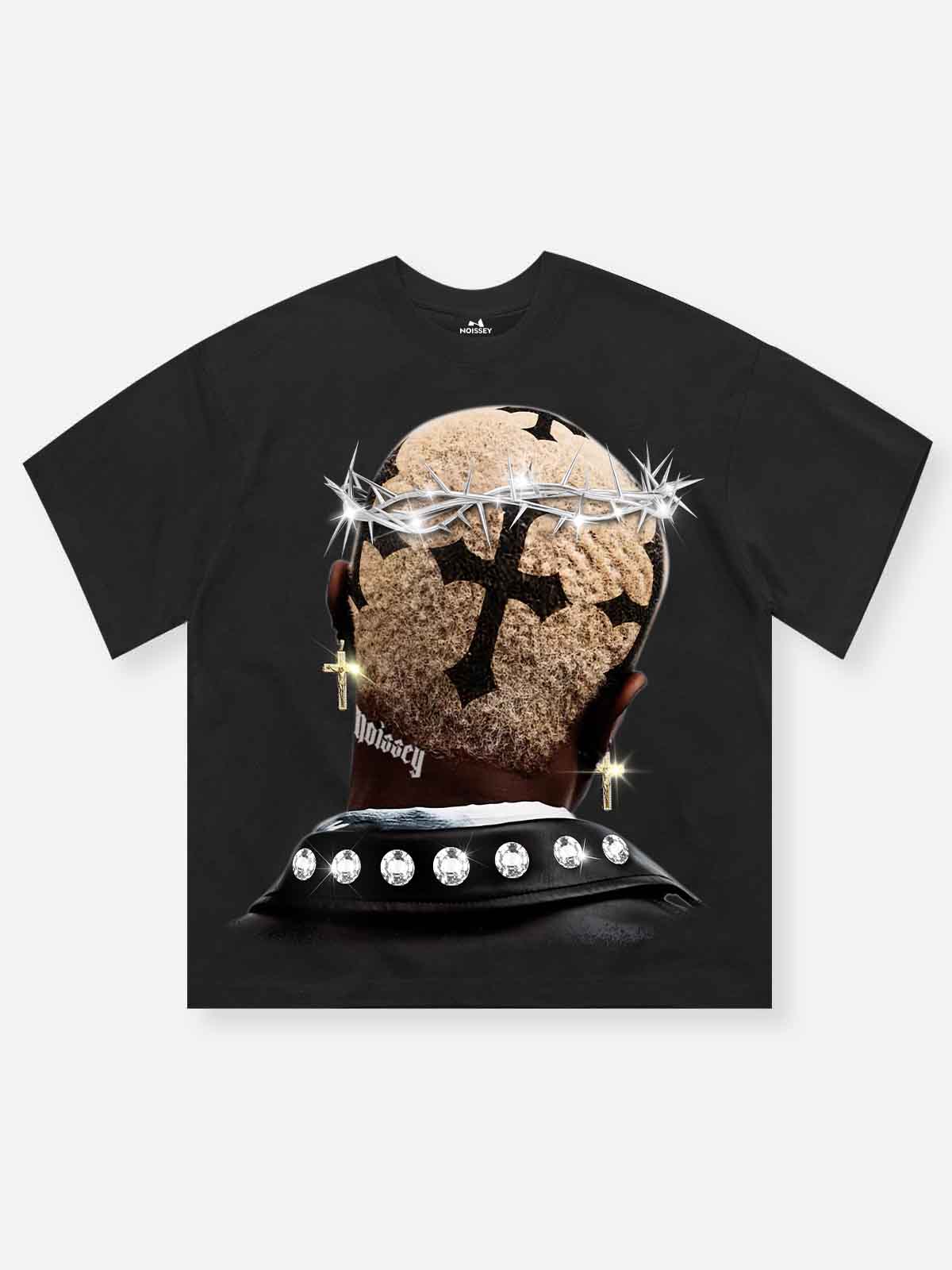 High quality Cross Hairstyle and Diamond Thorn Crown Print 350g T-shirt