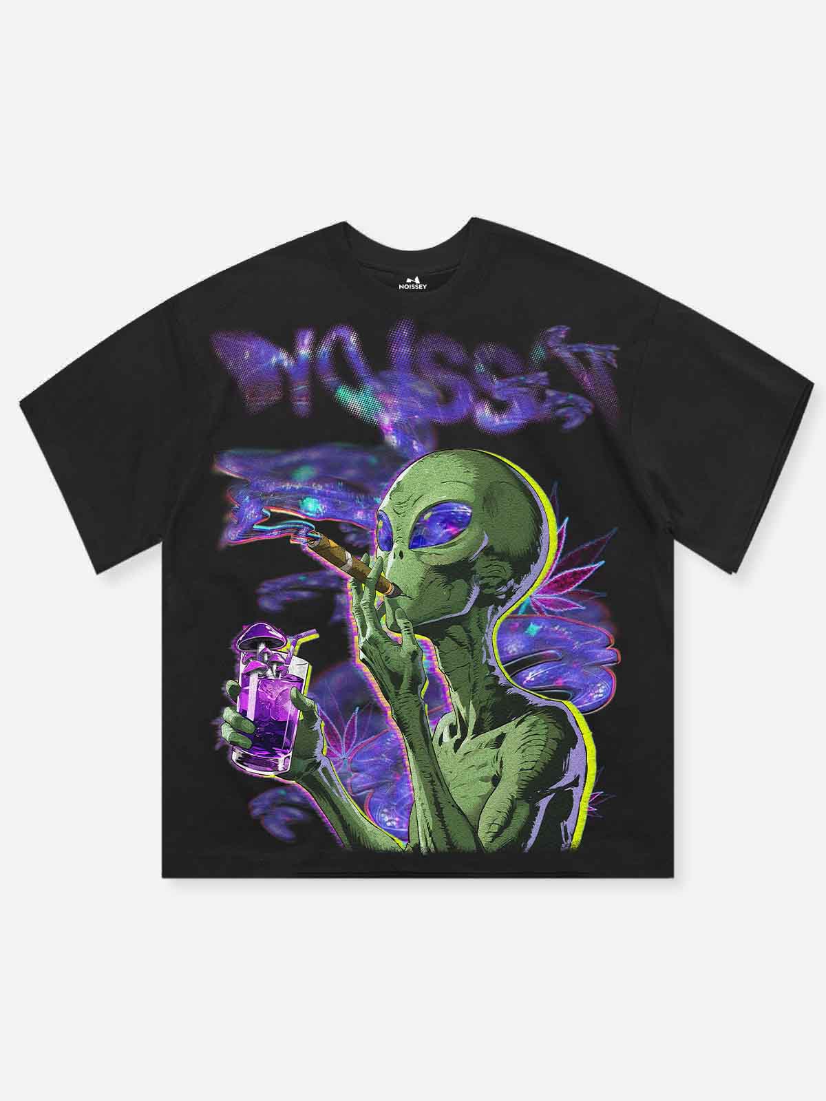 Alien in Clouds Black Print T-shirt