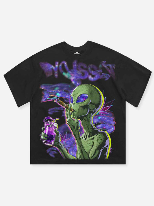 Alien in Clouds Black Print T-shirt