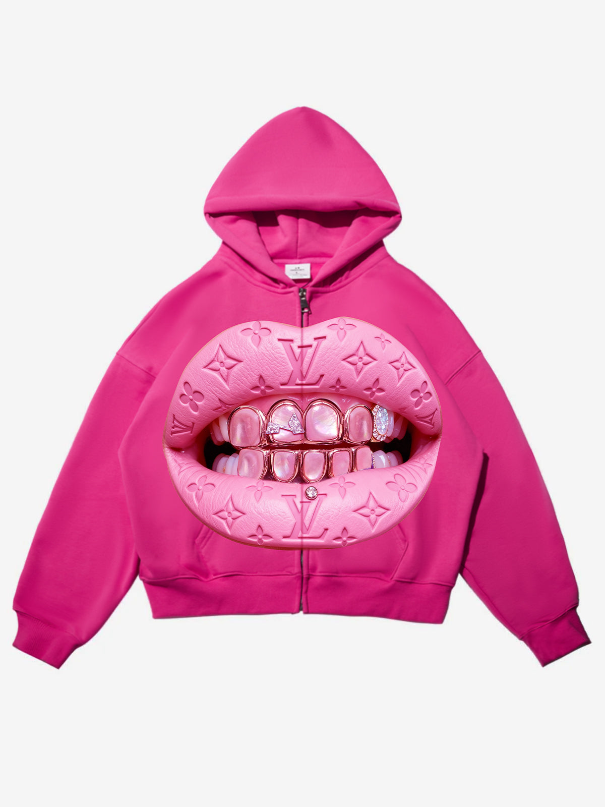 Leather Cat's Eye Grillz Print Pink Warm Hoodie