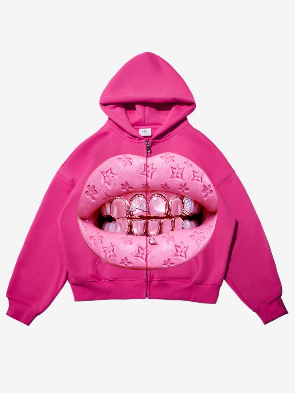 NOISSEY Pink "Leather Cat's Eye" Grillz Zip-Up print Hoodie