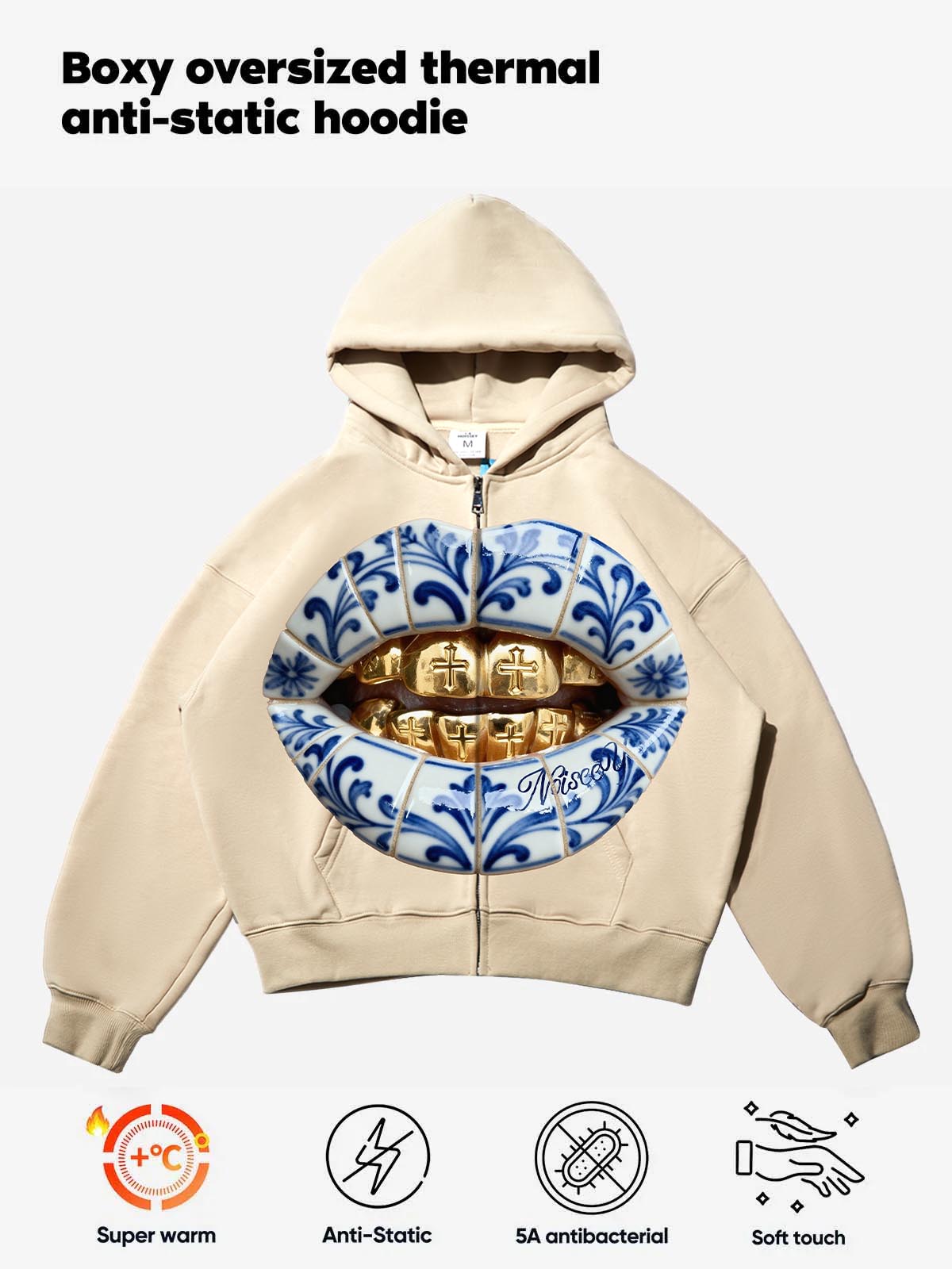 Blue Ceramic Gold Grillz Shell Print Hoodie