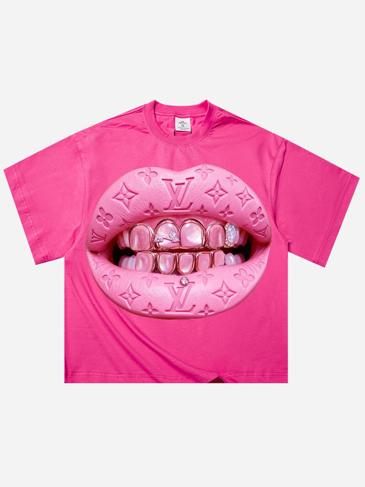 Leather Cat's Eye Grillz Print Pink Boxy Oversized T-shirt