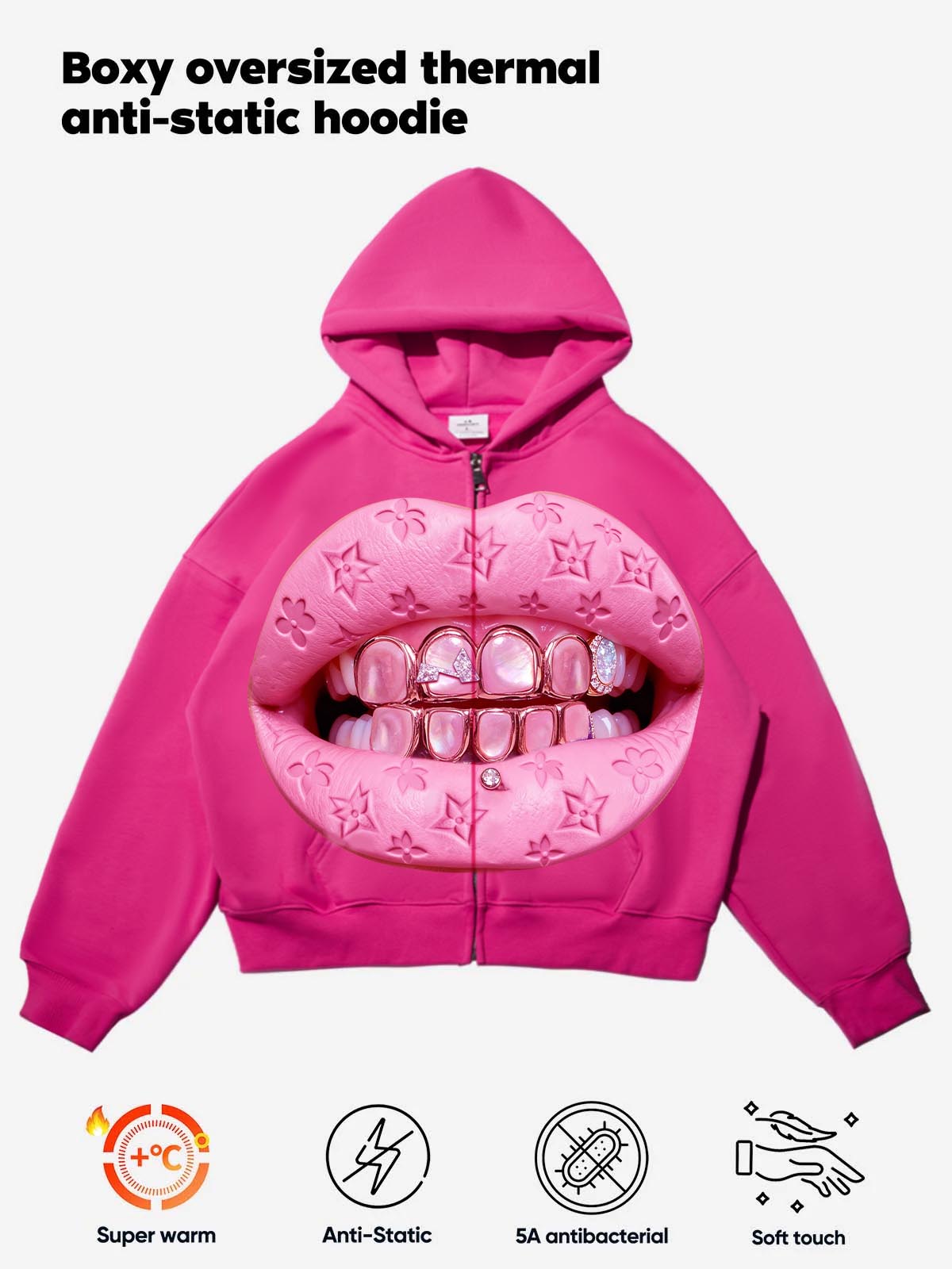 NOISSEY Pink "Leather Cat's Eye" Grillz Zip-Up print Hoodie