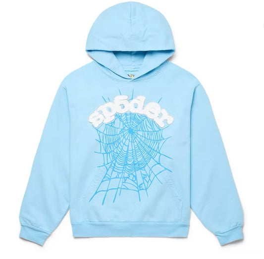 Sp5der Hoodie Baby Blue white Logo