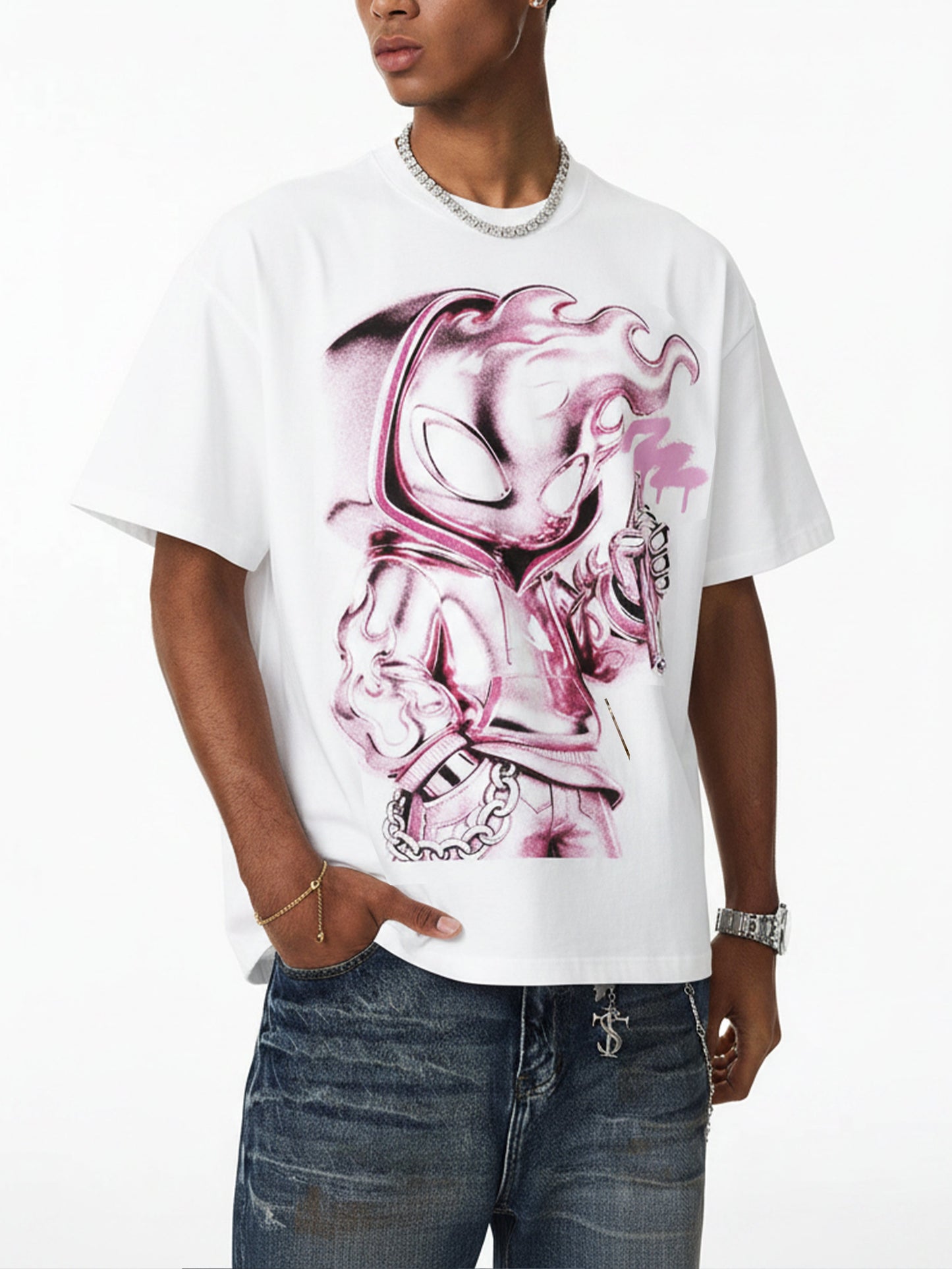 NOISSEY "Metallic Spray" Chrome Fire Man Character Boxy Tee - White