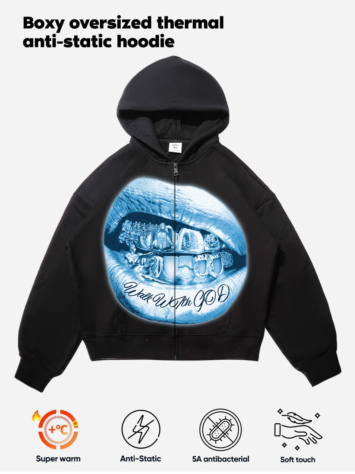 Walk with god Fluorescent Blue Grills Warm Hoodie