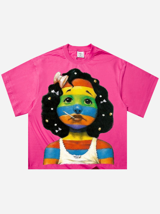 Colorful Striped Girl Art Print Boxy Oversized T-shirt