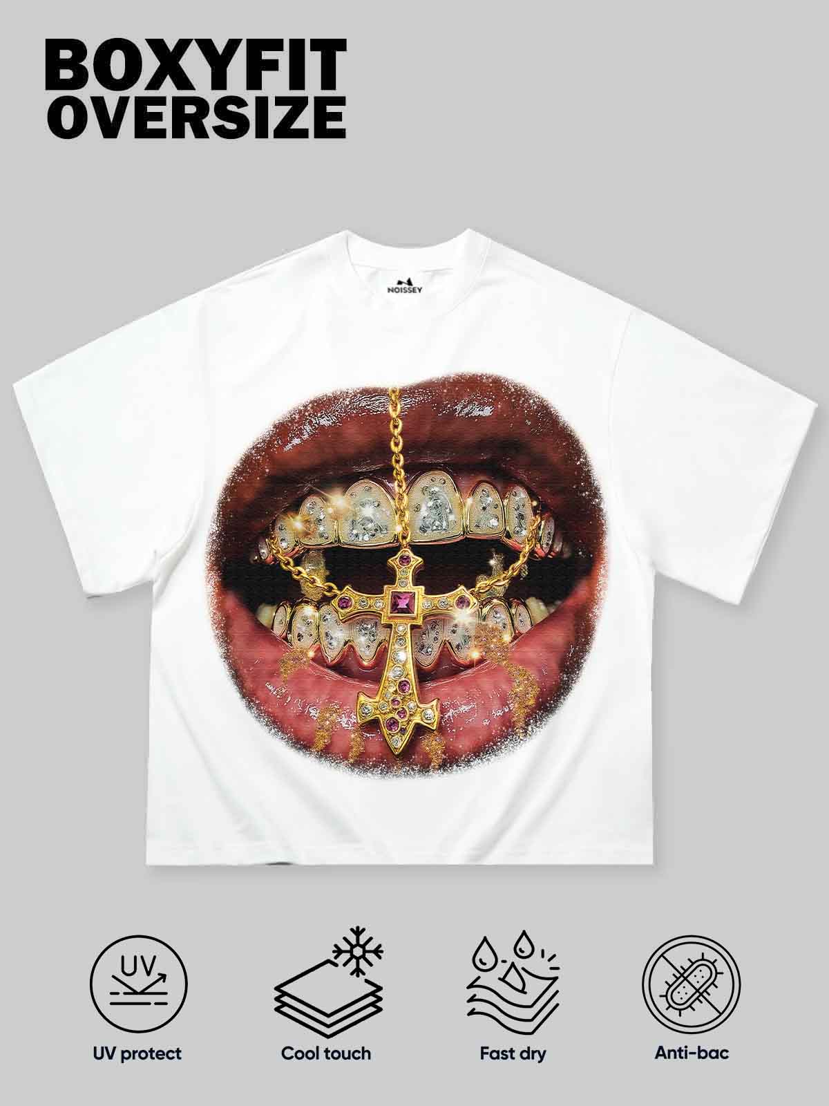 Boxy oversized T-shirt Golden Cross Diamond Patch Grills Print