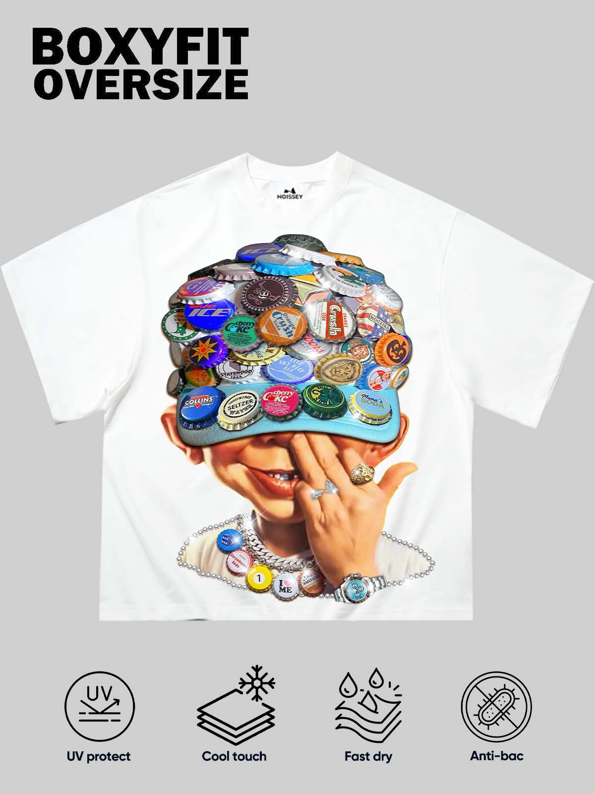 Boxy Oversized T-shirt with Bab Boy Print and Bottle Cap Art Baseball Cap