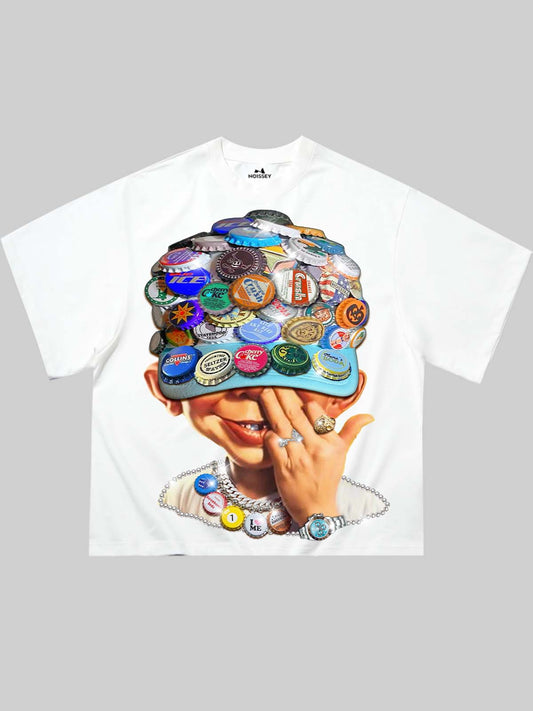 Boxy Oversized T-shirt with Bab Boy Print and Bottle Cap Art Baseball Cap