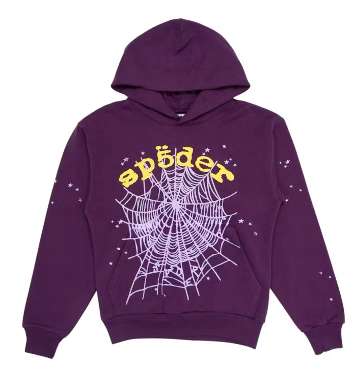 Sp5der Hoodie Dark Purple Web Yellow logo