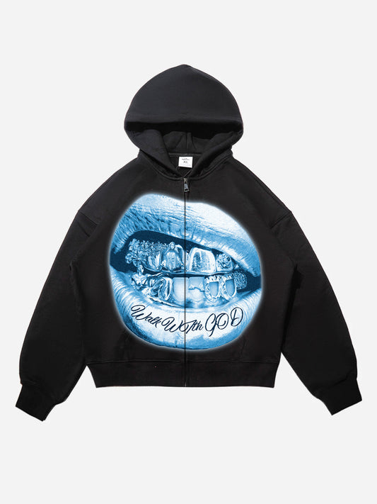 Walk with god Fluorescent Blue Grills Warm Hoodie