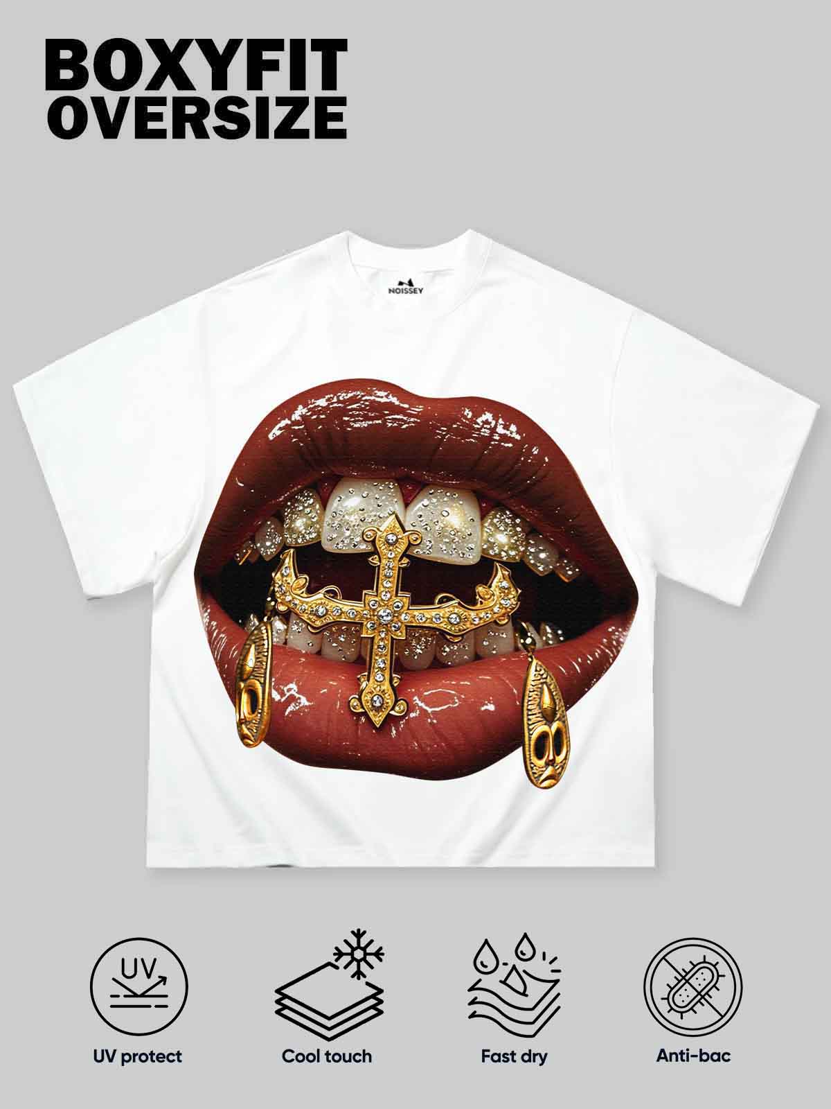 Boxy Oversized T-shirt Gold Diamond Ring and Mask Culture Lip Print
