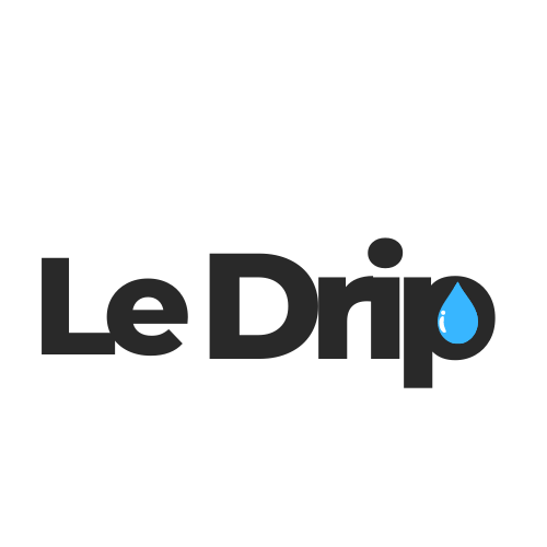 the text &quot;LeDrip&quot; with a blue water droplet icon, all in a black background.