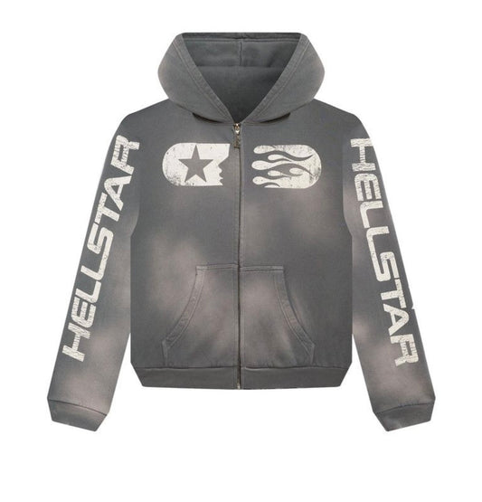 Hellstar ZipUp Hoodie Washed Grey Big Logos