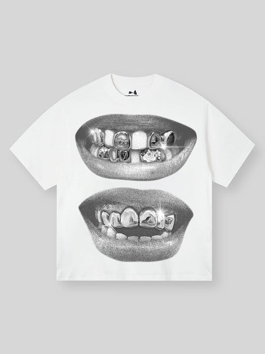 BOUNCE BACK© Retro Black Lips Grills Print Tee
