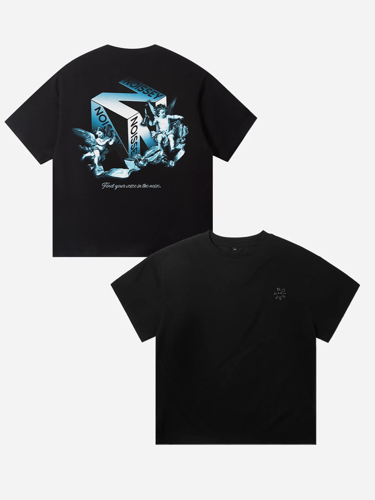 Back and front view of black T-shirt featuring a blue 3D cube and cherub graphic with "Find your voice in the noise" slogan.