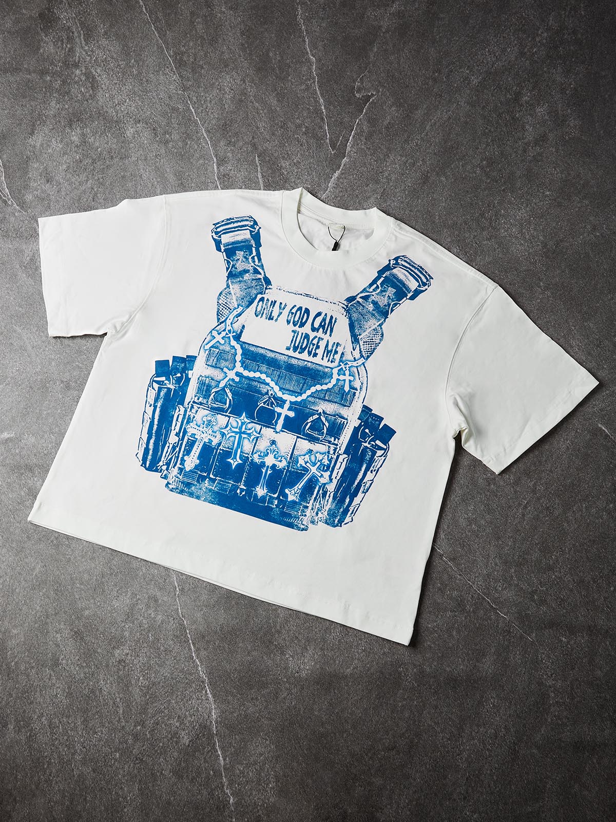 NOISSEY Only God Can Judge Me Blue-Tone Tactical Vest Art Tee - Cloud White