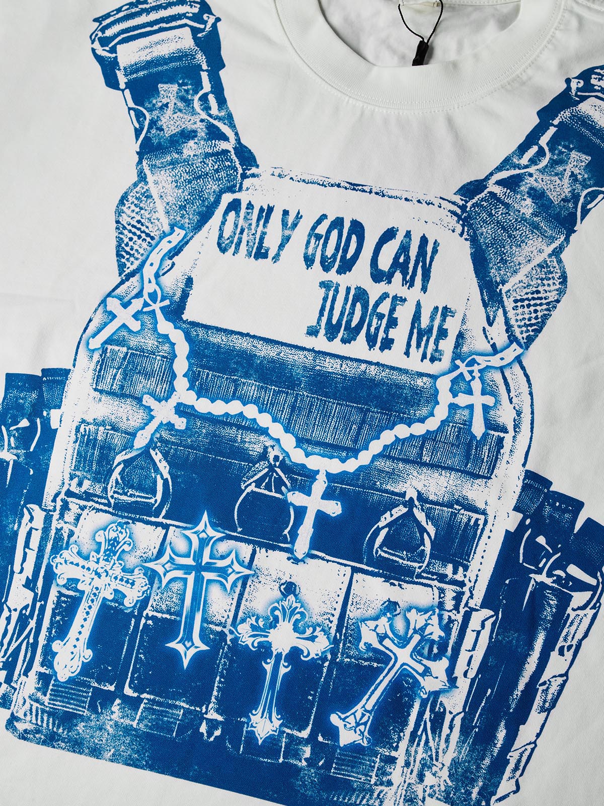 NOISSEY Only God Can Judge Me Blue-Tone Tactical Vest Art Tee - Cloud White