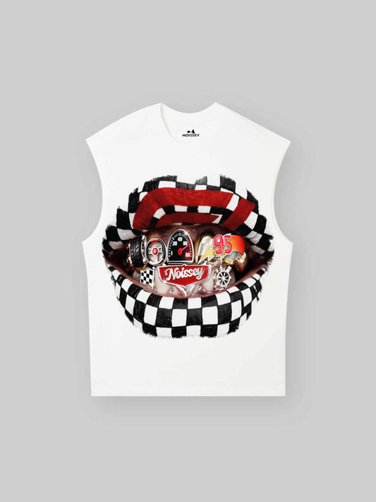 NOISSEY "Checkered Racing Lips" Heavyweight Tanktop - White Boxy Graphic Tank