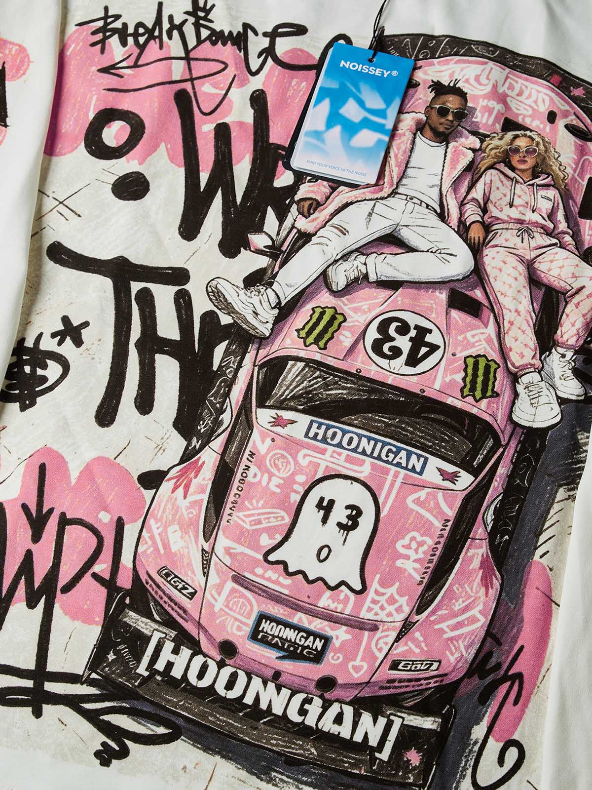 NOISSEY "Pink Hoonigan Graffiti" Coupe Tee - Clean White Oversized Long Sleeve