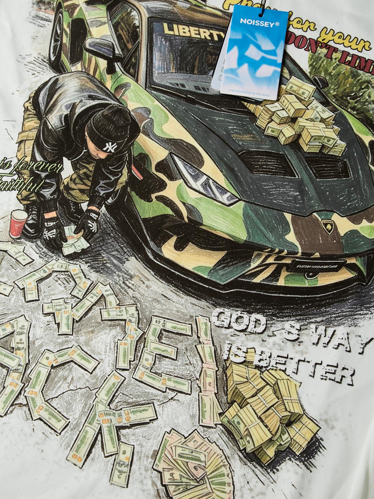 NOISSEY "Camo Supercar & Cash" Track Tee - Clean White Oversized Long Sleeve