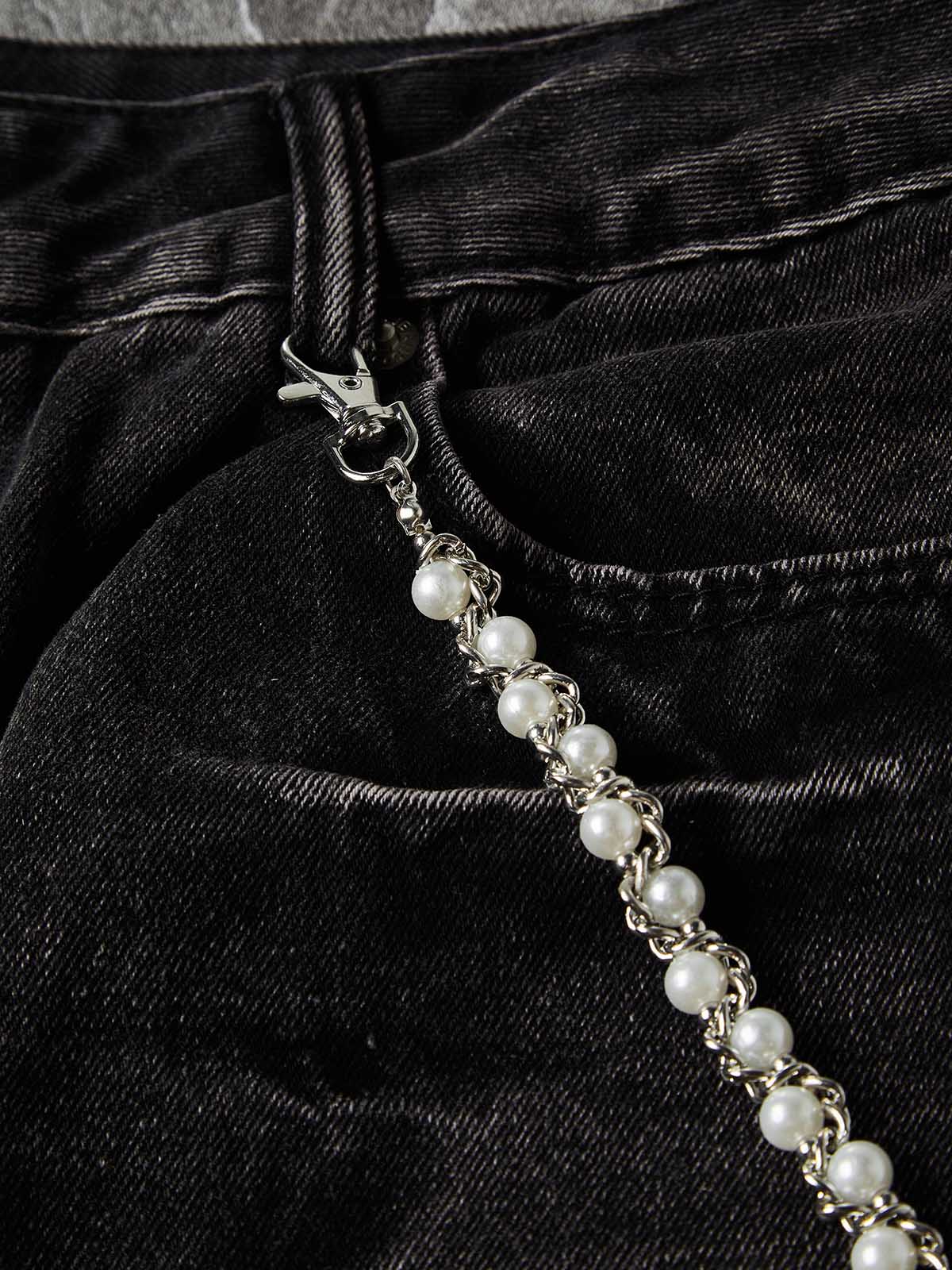 NOISSEY Vintage Distressed Denim Shorts with DIY Pearl Chain - Onyx Black & Heritage Blue