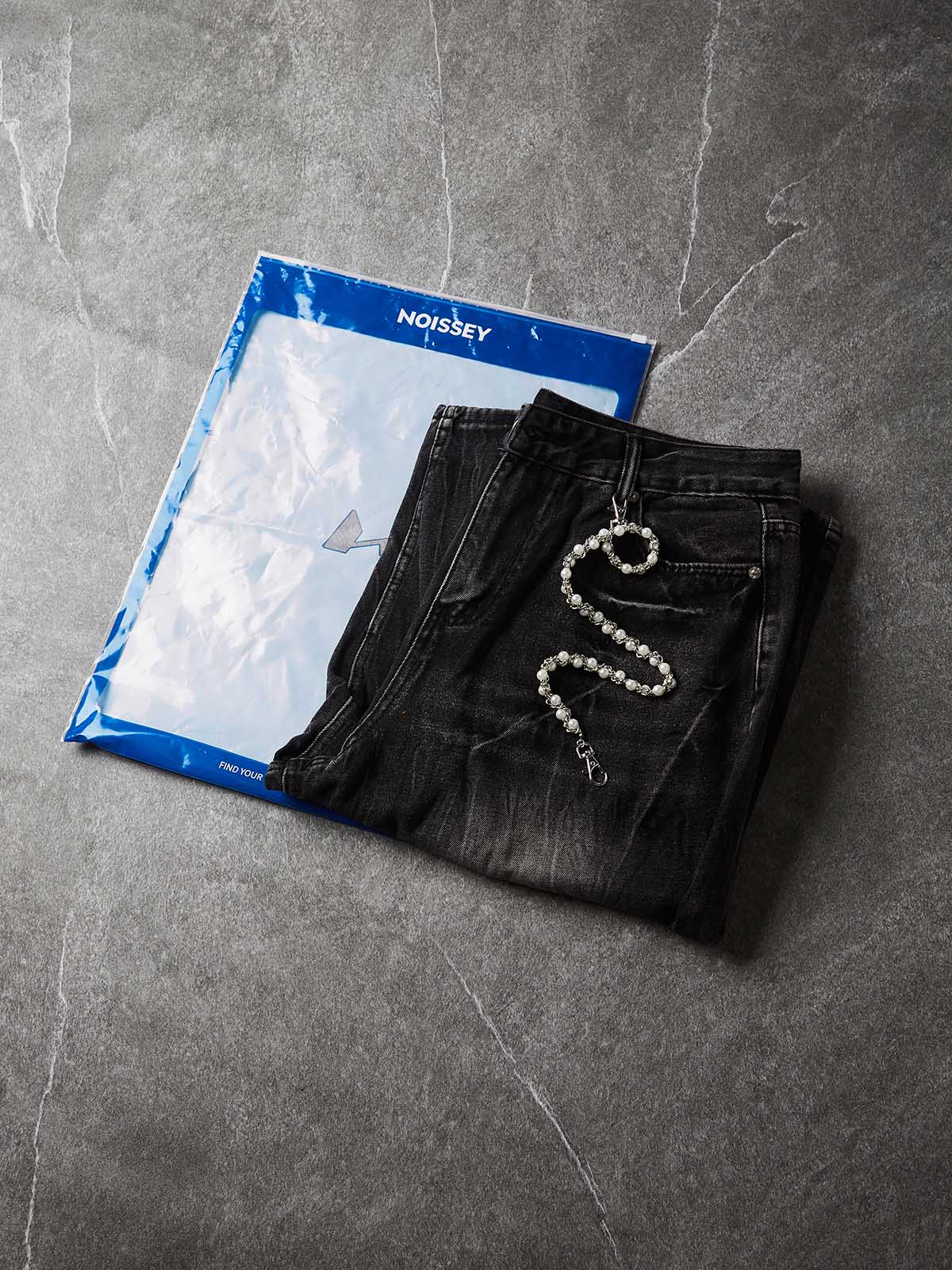 NOISSEY Vintage Distressed Denim Shorts with DIY Pearl Chain - Onyx Black & Heritage Blue