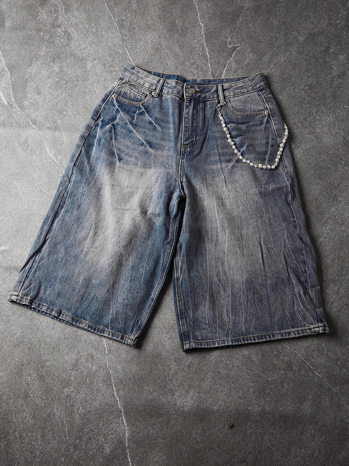 NOISSEY Vintage Distressed Denim Shorts with DIY Pearl Chain - Onyx Black & Heritage Blue