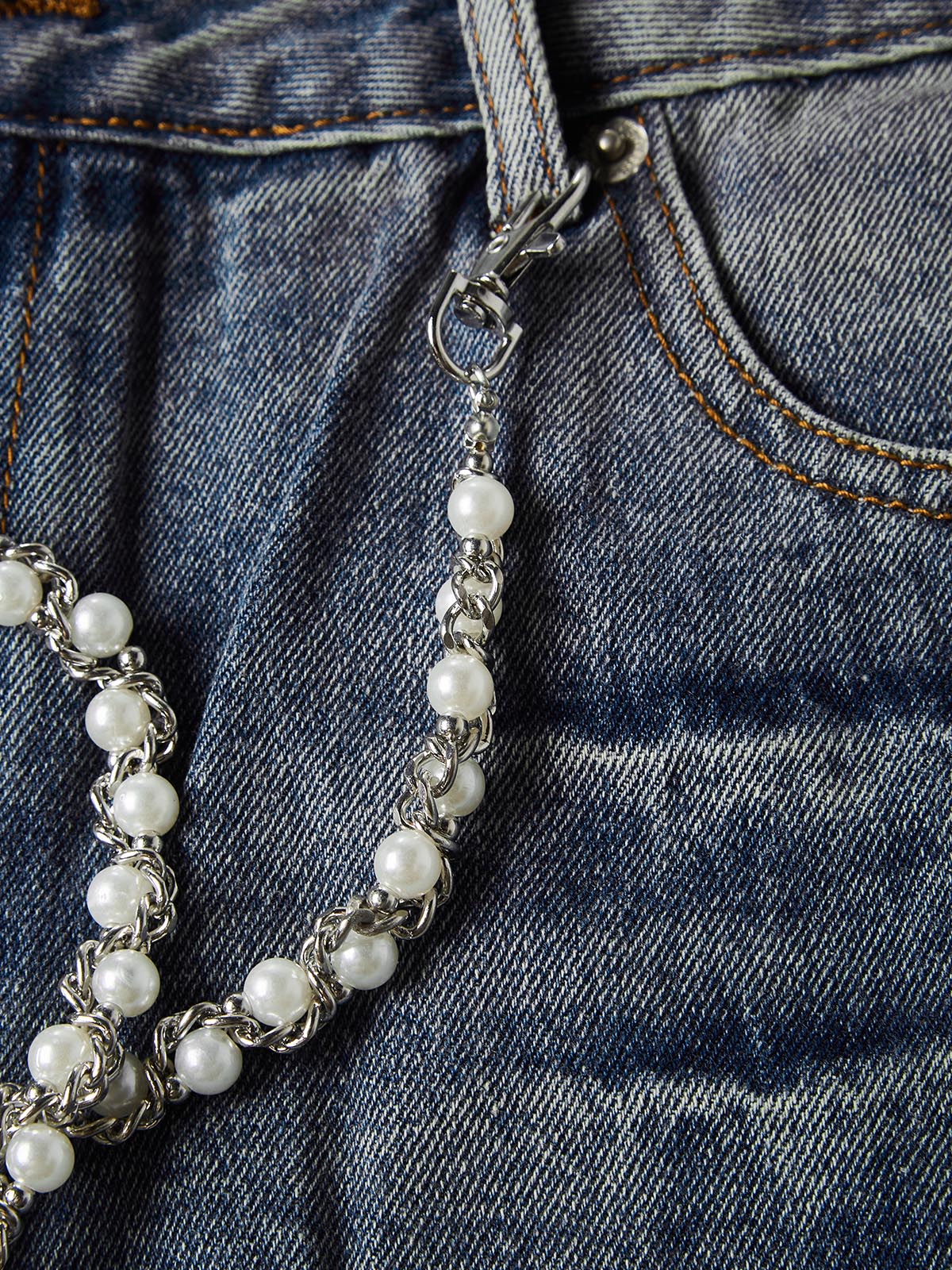 NOISSEY Vintage Distressed Denim Shorts with DIY Pearl Chain - Onyx Black & Heritage Blue
