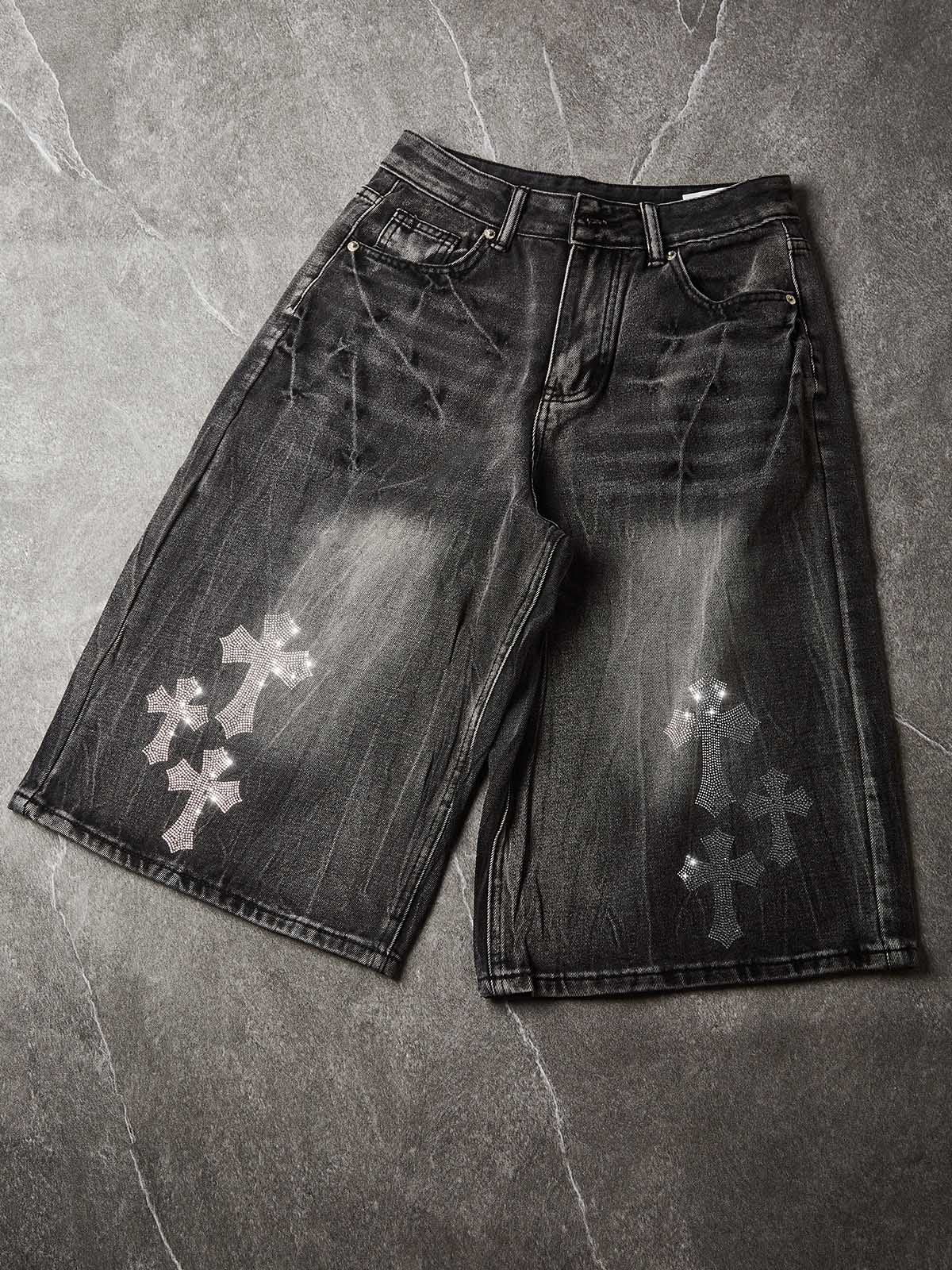 NOISSEY "Galactic Constellation" Asymmetric Gothic Cross Denim Jorts 2 Colors