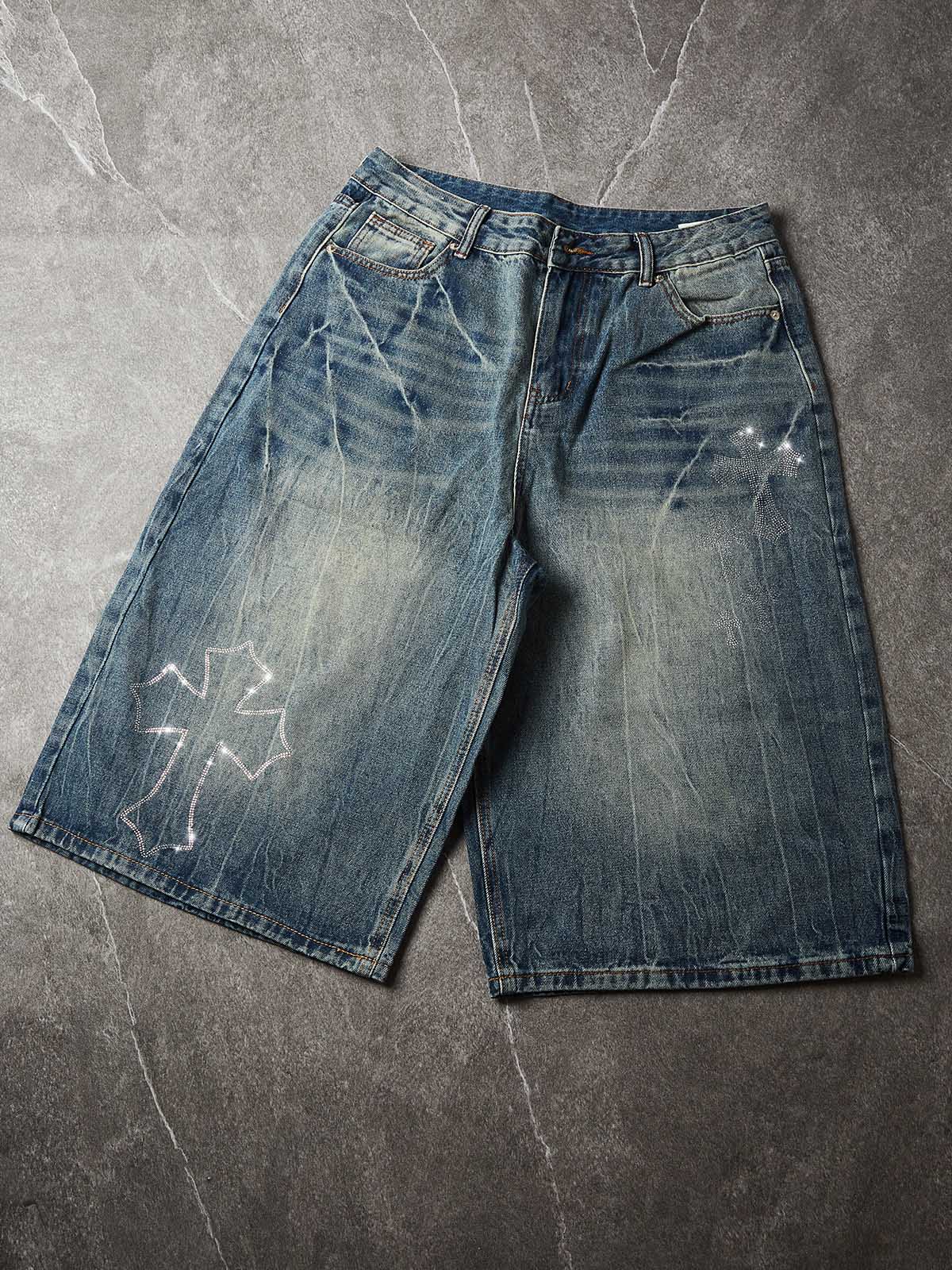 NOISSEY "Gothic Cross" Rhinestone Bleach-Washed Denim Shorts - High-Street Wide-Leg 2 Colors