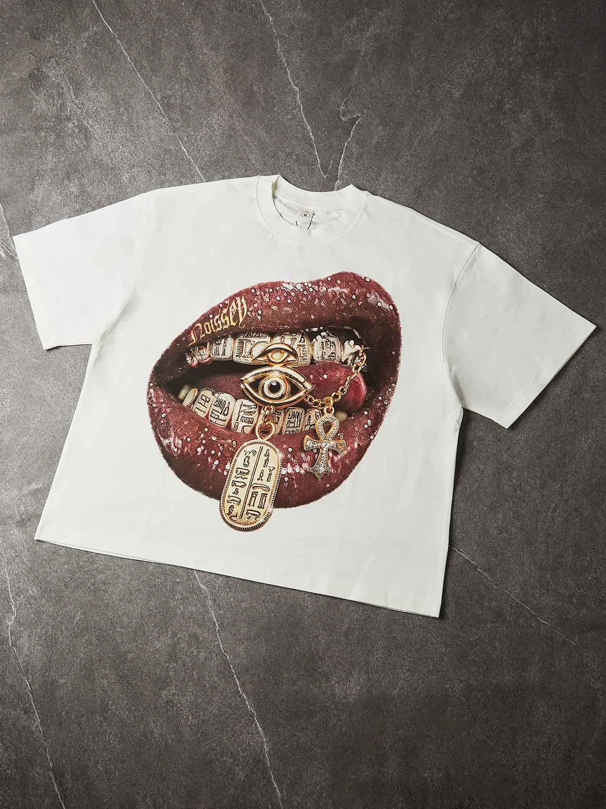 NOISSEY "The Golden Oracle" Wet-Gloss Lips Pharaonic Hieroglyphic Grills Oversized Tee