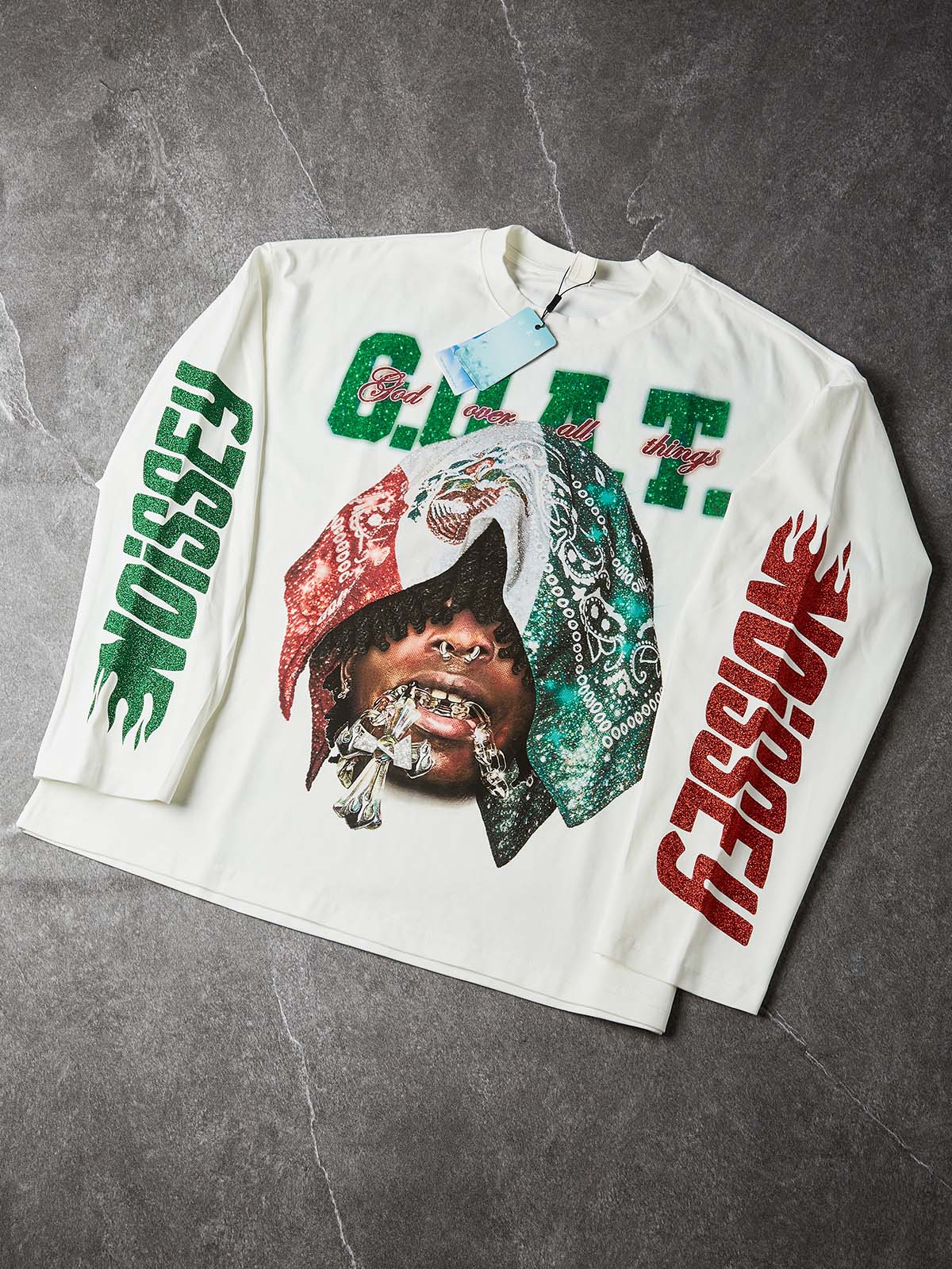 NOISSEY "Sovereign G.O.A.T." Sparkling Dual-Tone Paisley Bandana Biting Cross Heavyweight Long Sleeve