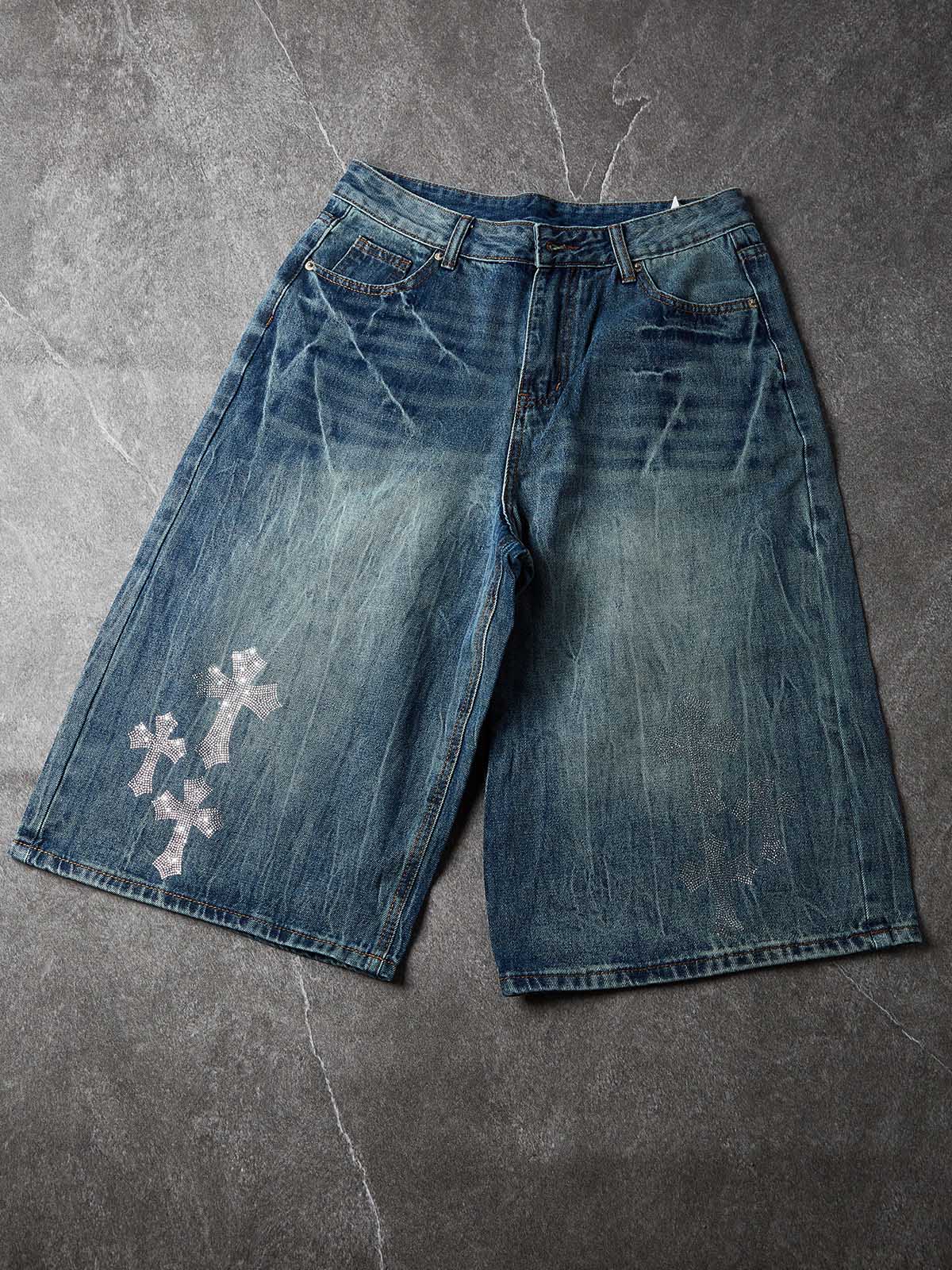 NOISSEY "Galactic Constellation" Asymmetric Gothic Cross Denim Jorts 2 Colors