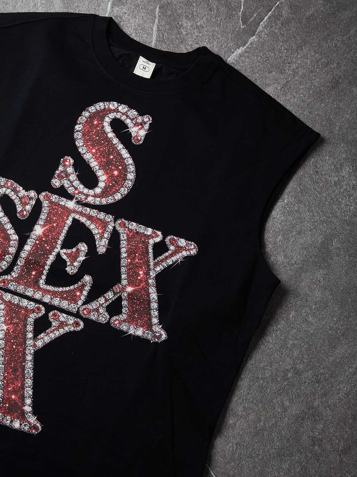 NOISSEY "SEX" Red Rhinestone Stacked Cross Graphic Loose Sleeveless Tank Top