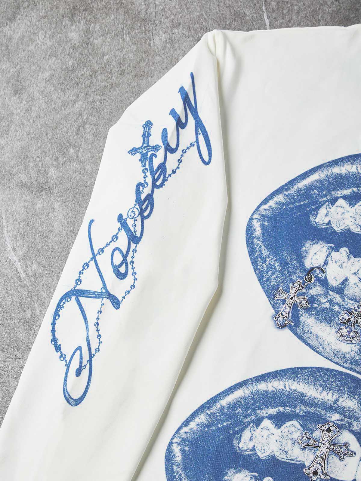 NOISSEY "Vintage Blue Lips" Double Lips & Chrome Cross Graphic Long Sleeve Tee