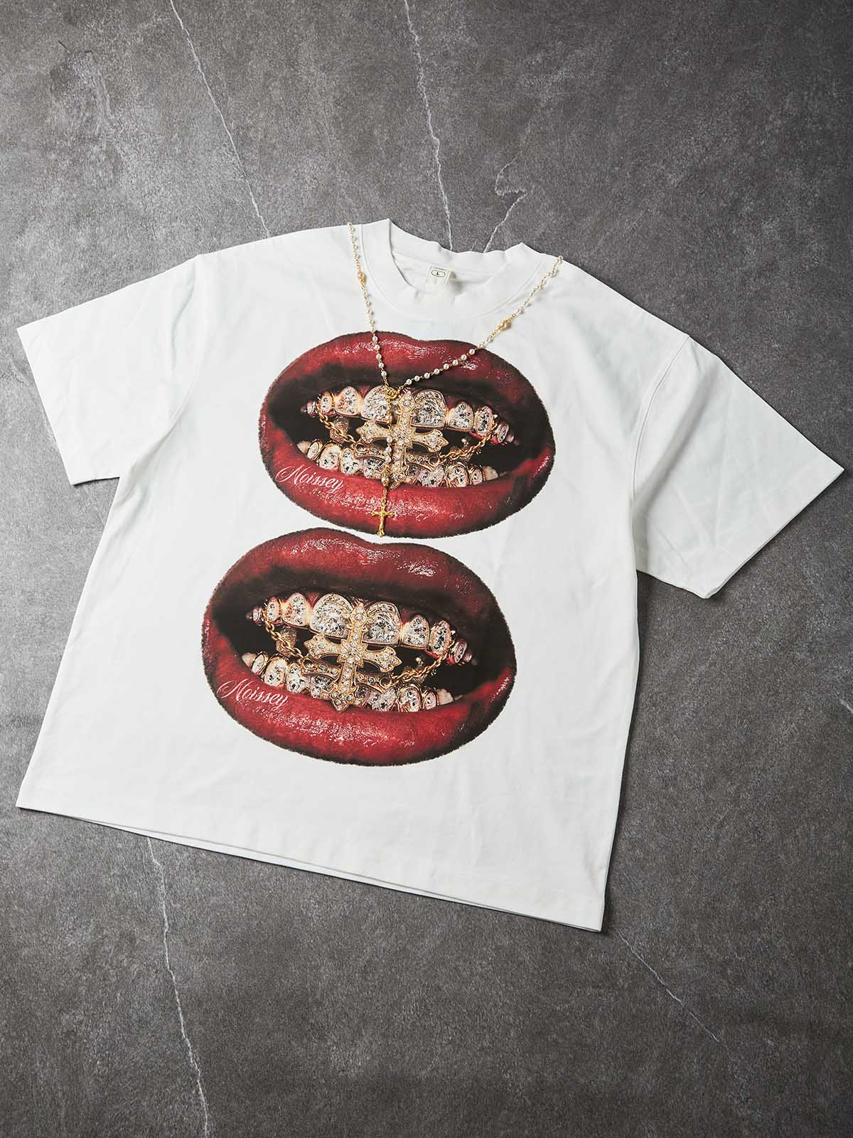 NOISSEY "Burgundy Lips" Golden Cross & Iced-Out Grillz Oversized Graphic Tee