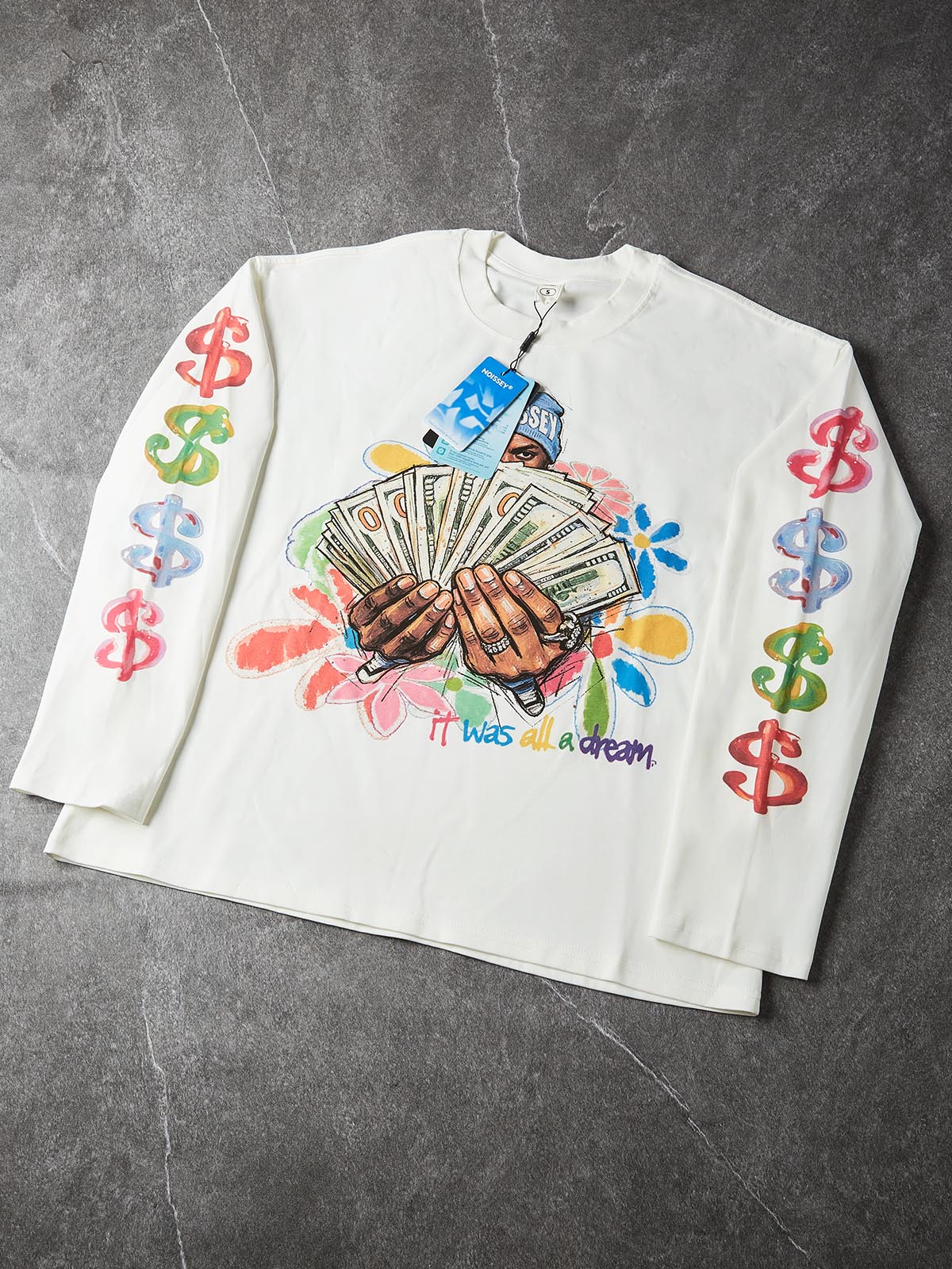 NOISSEY "It Was All A Dream" Hand-Drawn Cash Portrait & Graffiti Flowers Long Sleeve Tee Two Colors