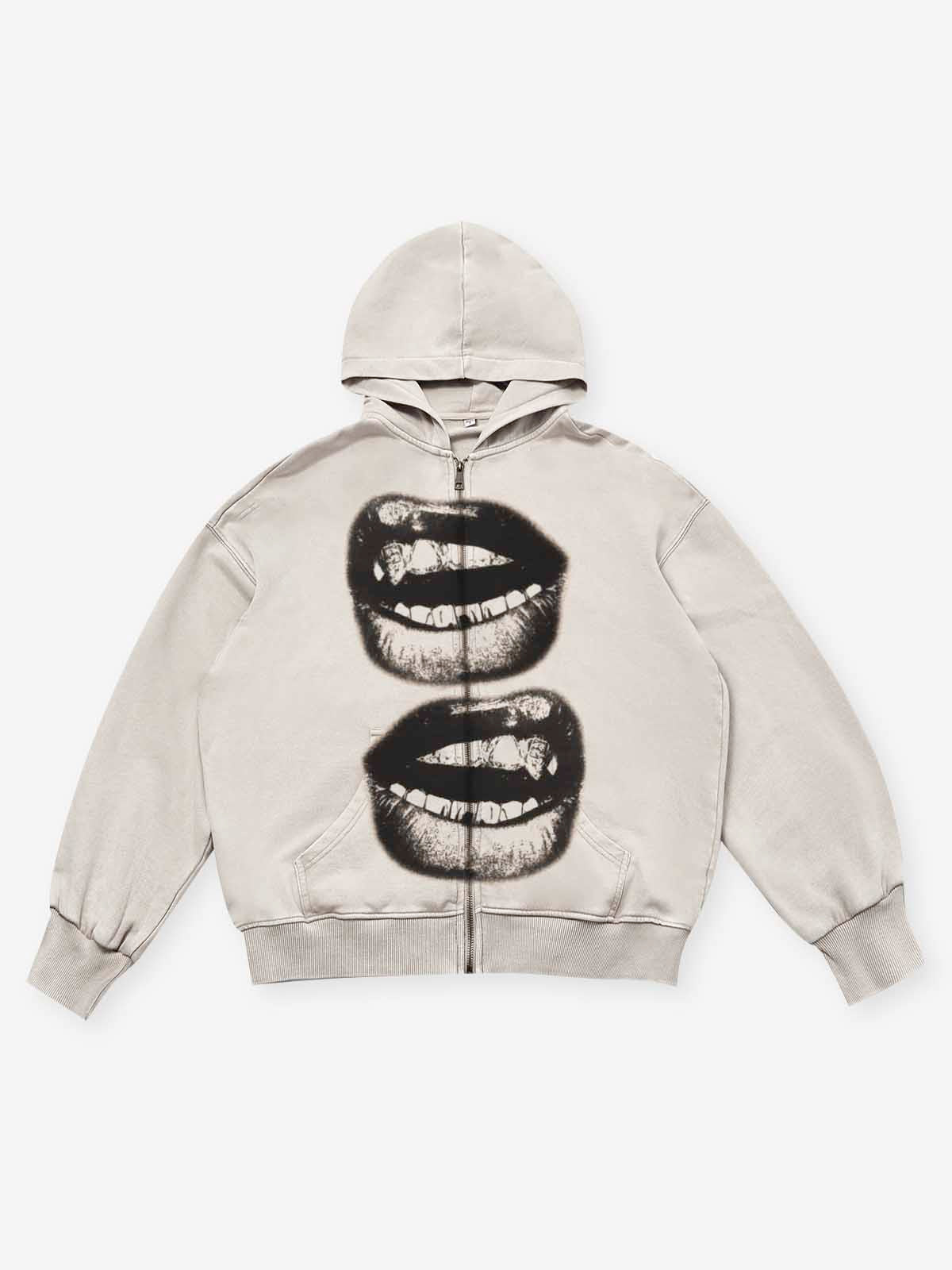 Black & White Lips Shell Washed Zip Up Hoodie