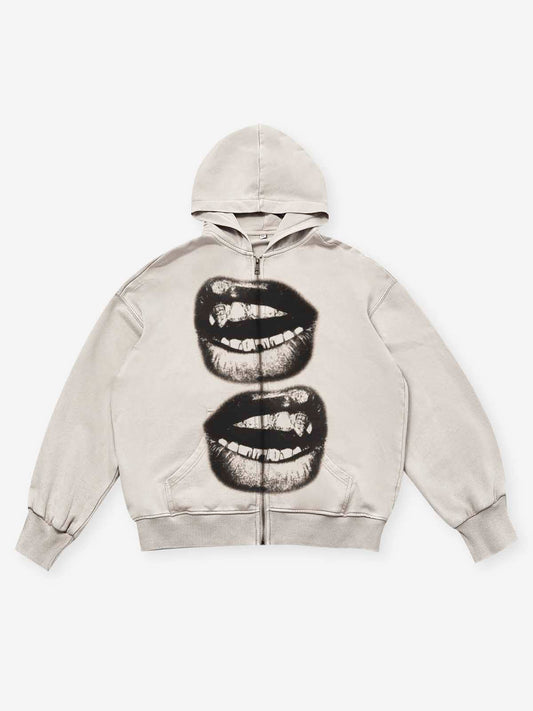 Black & White Lips Shell Washed Zip Up Hoodie