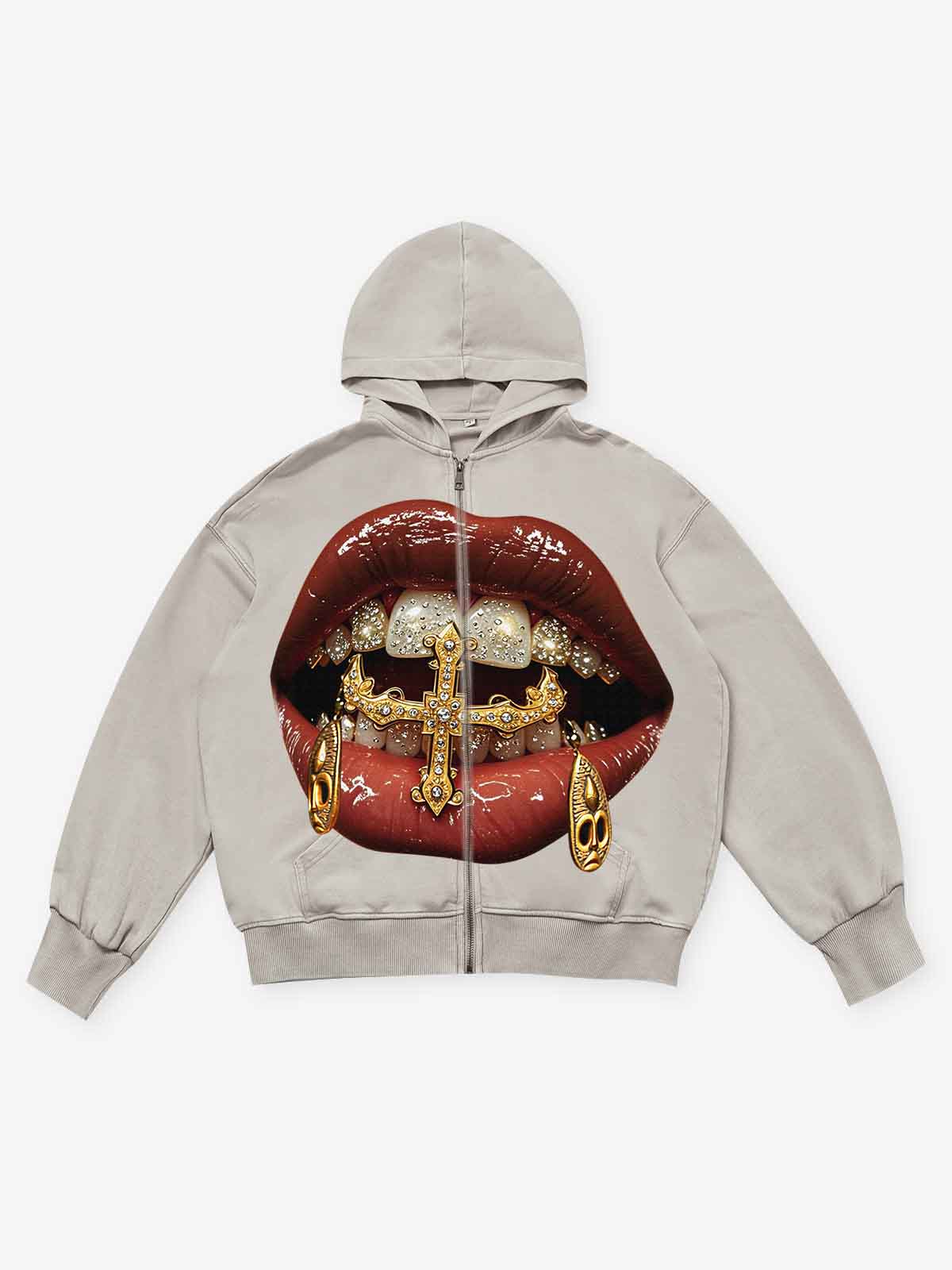 Gold Diamond Ring and Mask Culture Lip Print Hoodie