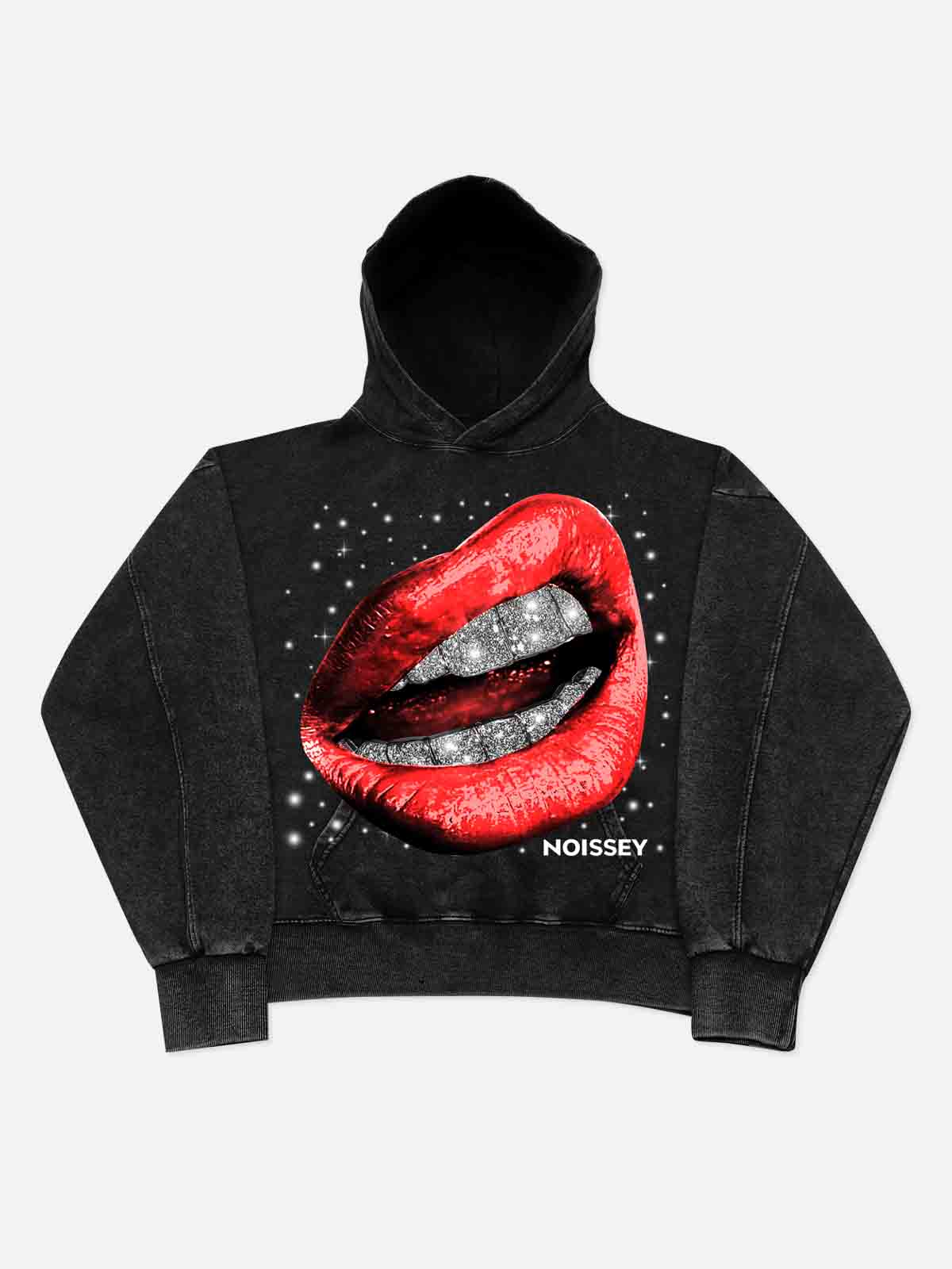 Dazzling Red Lips Starry Print 350g Black Washed Hoodie