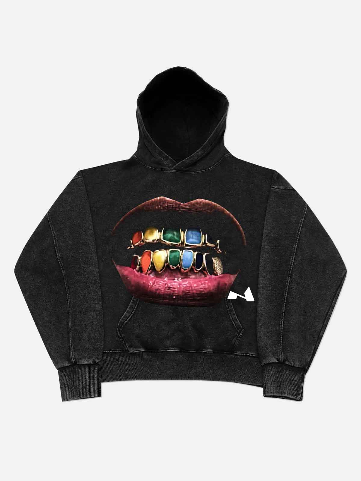 Colorful Vintage Lip Print Black Washed 350g Hoodie