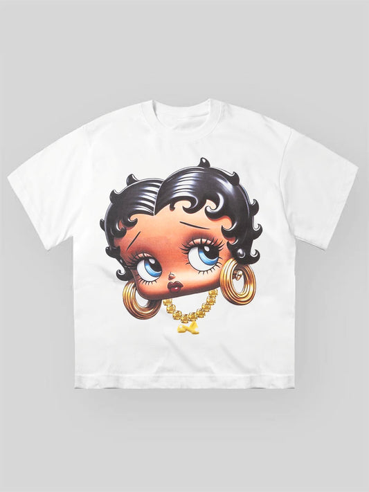 Black Cartoon girl Glamorous Print T-Shirt